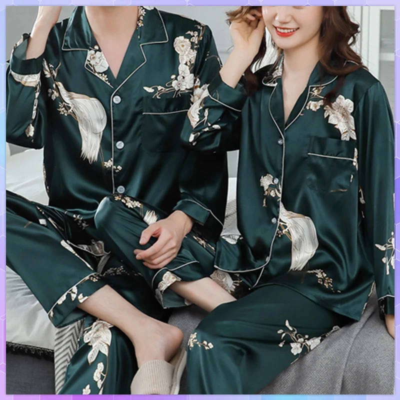 Couple Plus Size Ice Silk Pajamas For Men Women Print Big Size Pajama Set Sweet Lace Cuff Nightwear Trousers Long Sleeve Suit