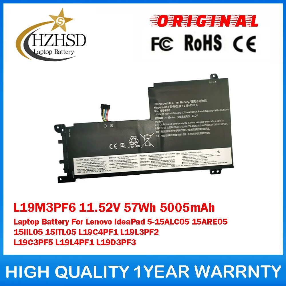 

L19M3PF6 11,52 В 57 Втч 5005 мАч Аккумулятор для ноутбука Lenovo IdeaPad 5-15ALC05 15ARE05 15IIL05 15ITL05 L19C4PF1 L19L3PF2 L19C3PF5