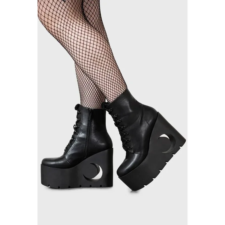

Punk Style Round Toe Black Mid-Calf Metal Decoration Women Or Men Boots Height Increasing High Heels Lace Up Large Size Shoes
