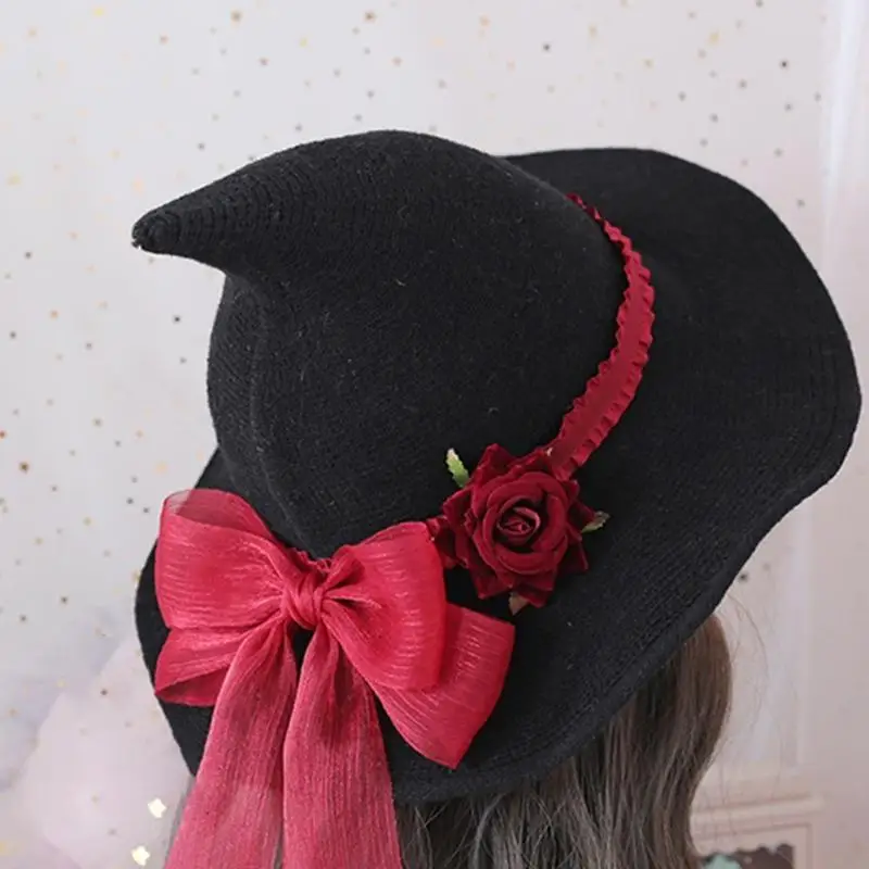 nowoczesna róża z dużą kokardą kapelusz czarownicy czapka z dużym rondem prezenty na Halloween na głowę Ornam