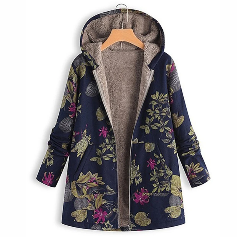 Winter Plush Zipper Casual Hooded Coat Warm Printed Thick Cotton Linen Jacket Office Lady Elegant Floral Splice Women Clothes