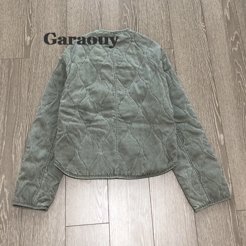 Garaouy Women\'s Check Cotton Jacket Round Neck Loose Long Sleeve Single Breasted Coat Vintage Street Fashion Pocket Warm Top