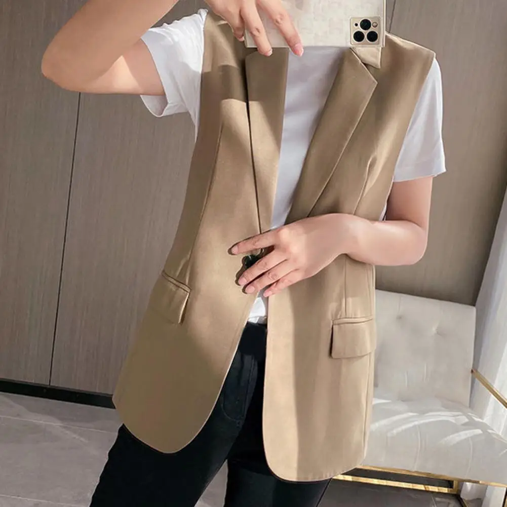 

Stylish Blazer Vest Breathable Suit Waistcoat Flap Pockets Autumn Pure Color Notched Collar Suit Coat Blazer Dressing Up