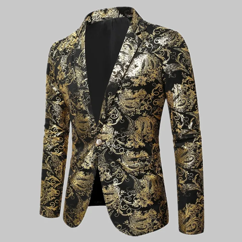 2024 Spring Men\'s Golden Floral Blazer Coats Business Casual Suit Wedding Dress Gold Blazer Men