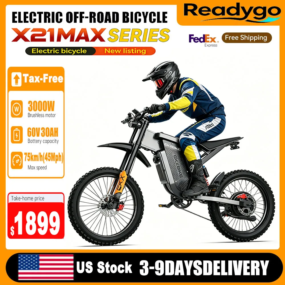 

Электрический мотоцикл Readygo EKXBIKE X21 Max, 3000 Вт, бесщеточный двигатель, литиевая батарея 60В30Ач, скорость 85 км/ч, высокоскоростной внедорожный мотоцикл для взрослых