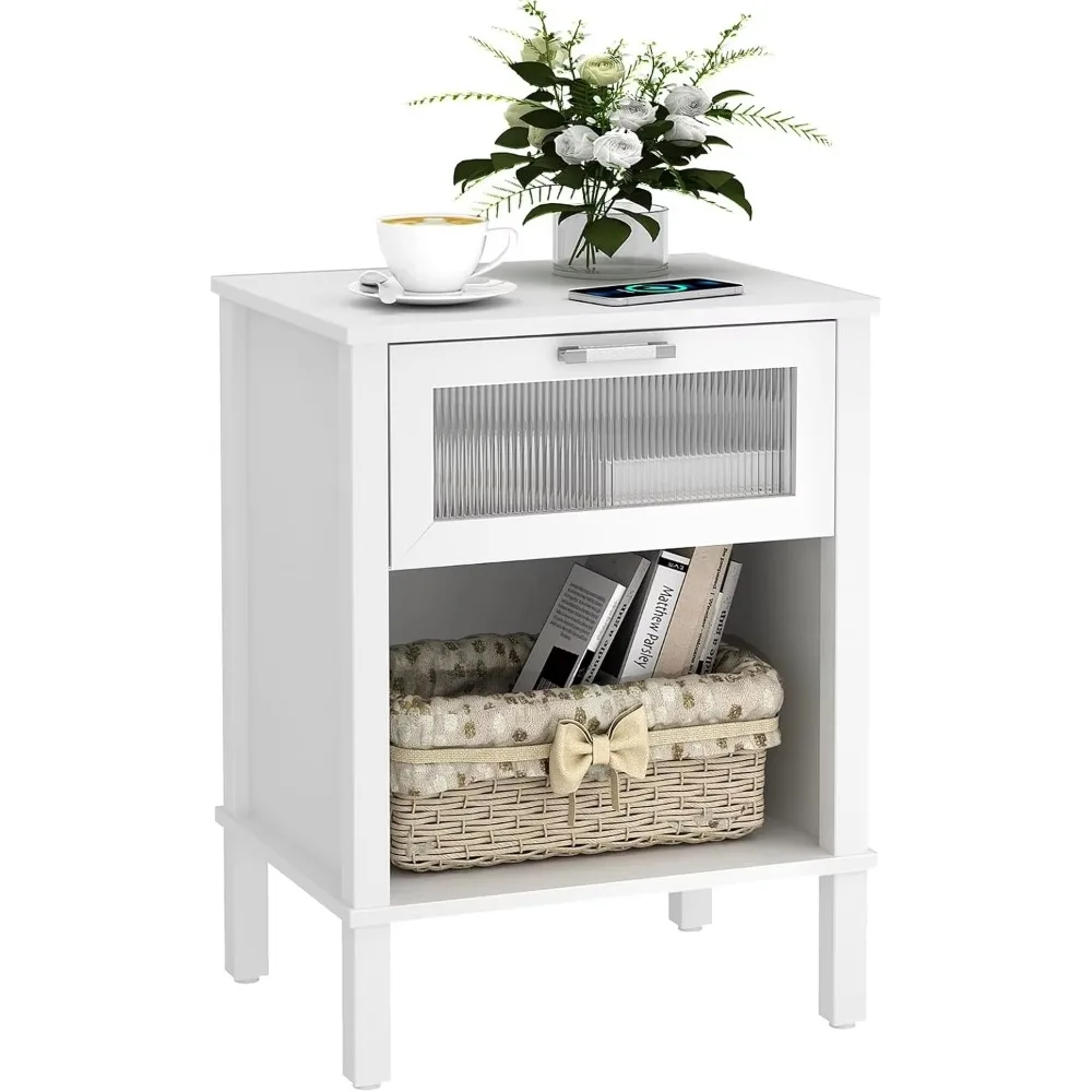 

White End Table,Mid Century Modern Side Table with Acrylic Drawer,,Small Nightstand for Living Room, Bedroom,Small Space White