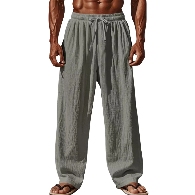 2025 New Men Cotton and Linen Casual Pants Simple and Comfortable Straight Leg Pants Waist Drawstring Plus Size Looser S-4XL image 3