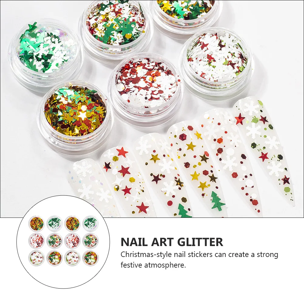 

12 Boxes Christmas Decoration Tree Five-pointed Star Ornaments Sticker for Nail Art Sequins Supplies Computer Decal Manicure