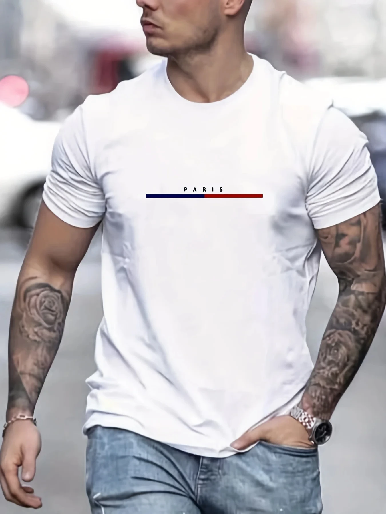 2024 Fashion New Men's Summer Loose Fit Short Sleeve Crew Neck 100 Cotton Paris Printed T-shirt Oversized Tops Male Clothes