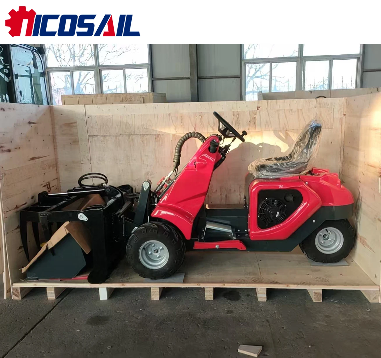 

Mini skid-steer loader, featuring a front loader design, 380kg capacity, and a 3-wheel compact mechanical loader