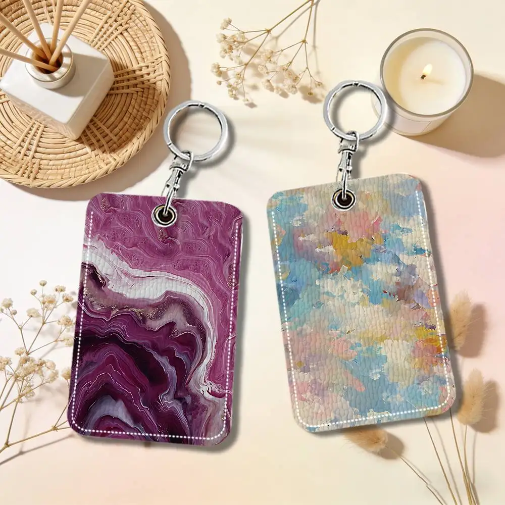 Fashion Marble Painting Sign Rectangle Keychain Card Holder, Badge Credit Card Holder, Student ID Card Holder, Bus Cards Cover