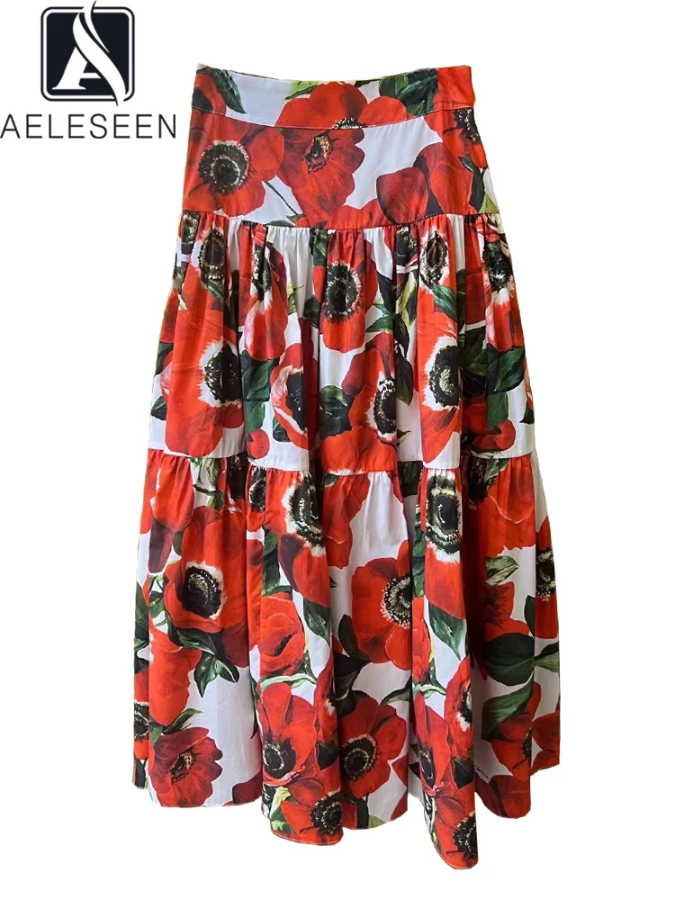 AELESEEN Sicilian Long Poplin Skirt Women Spring Summer Designer Fashion Red Sea Anemone Print Elegant 100% Cotton Skirt