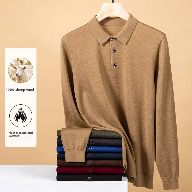 

Mens Business Polo Neck Pullover Fine Wool Machine Washable Pure Wool Sweater Long Sleeve Warmth High Quality Basics Loose Tops