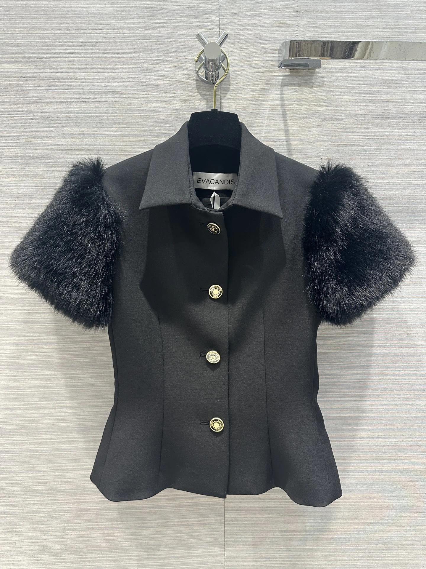 EVACANDIS Black Fox Hair Short Sleeve Women Blazer Jacket Runway Designer High Quality Chic Elegant Tunic Fancy