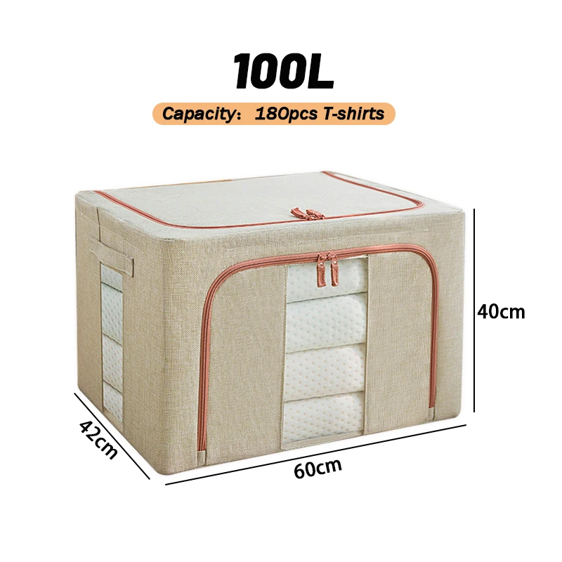 24/66/100L Storage Box Steel Frame Foldable Oxford Cloth Storage Box with Lid Cosmetics Quilt Book Toy Clothes Storage Organizer