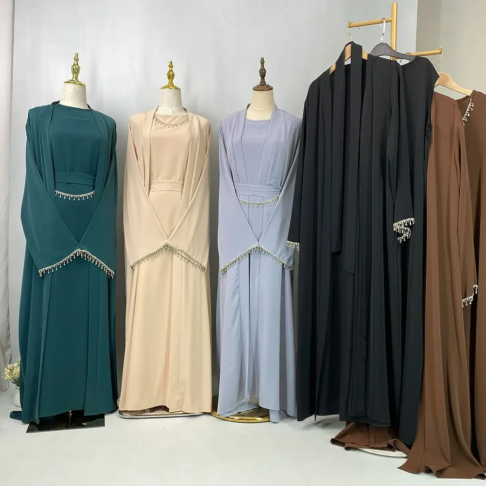 

Dubai Muslim Women 2 Piece Open Abaya Long Maxi Dress Set Turkey Eid Party Ramadan Islam Arab Gown Kaftan Femme Outfits Jalabiya