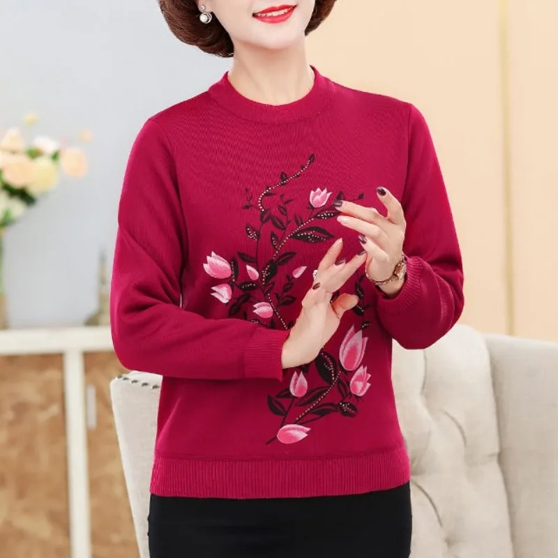 Women\'s Autumn Winter Solid Round Neck Rhinestone Screw Thread Floral Pullover Long Sleeve Flocking Sweater Knitted Fashion Tops