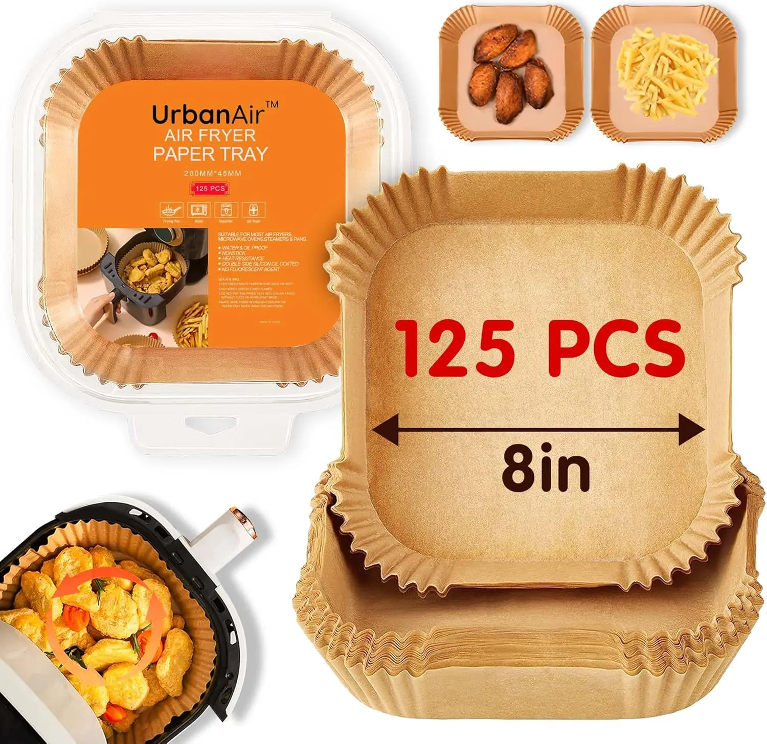 

8-Inch Square Air Fryer Paper Liners, 125pcs - Non-Stick & Heat-Resistant for Easy Cleanup | Bleach-Free Parchment