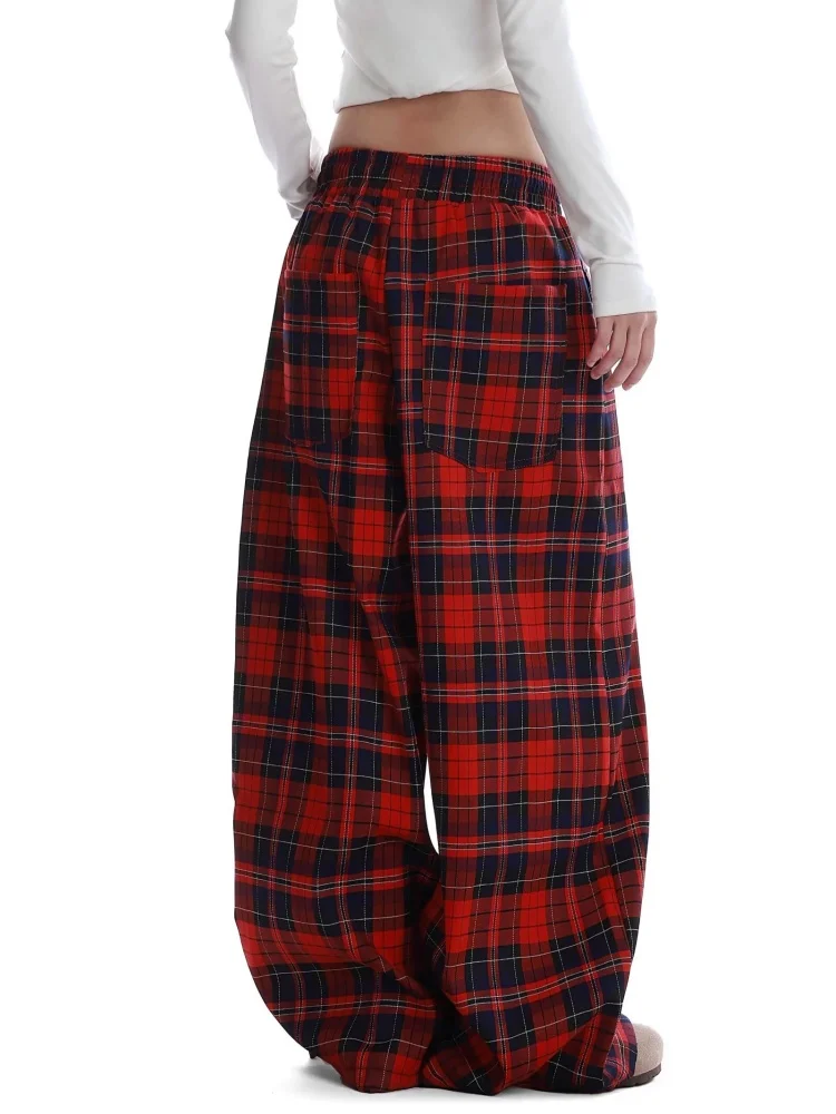 2026 Trend Y2K Style Red Plaid Baggy Drawstring Women's Jeans Pants For Woman Clothing Wide Leg Casual Underwear Long Trousers