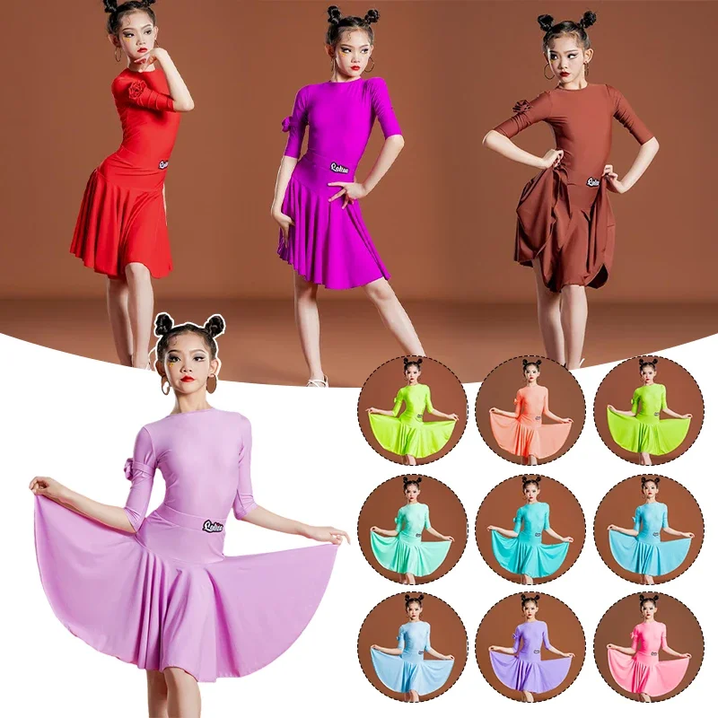 Costume de danse latine pour enfants, robe balançoire de compétition professionnelle pour filles, grande robe de Rh, vêtements de danse pour tango et salsa, robe d'entraînement