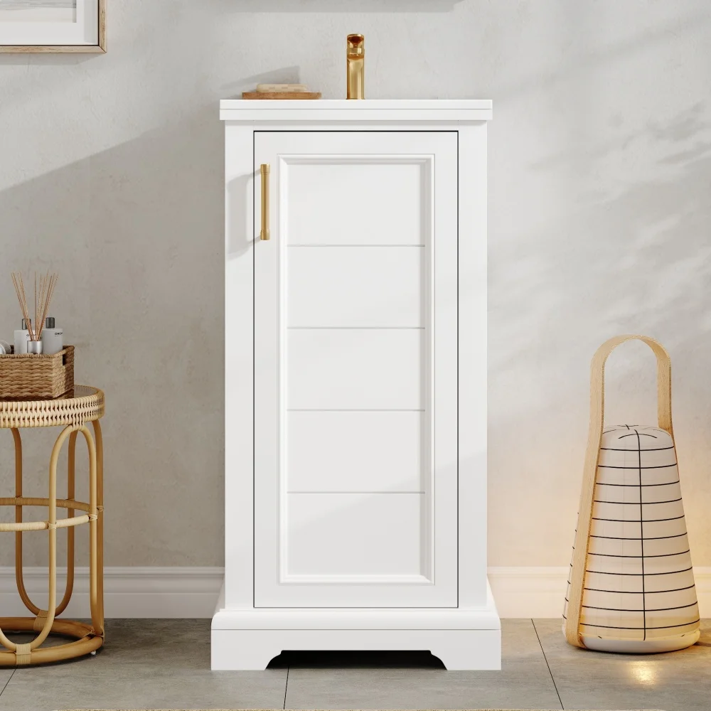 

16-inch Bathroom Vanity with Ceramic Sink, Freestanding Single Vanity Set with Soft Closing Door, Adjustable Shelf, French Style