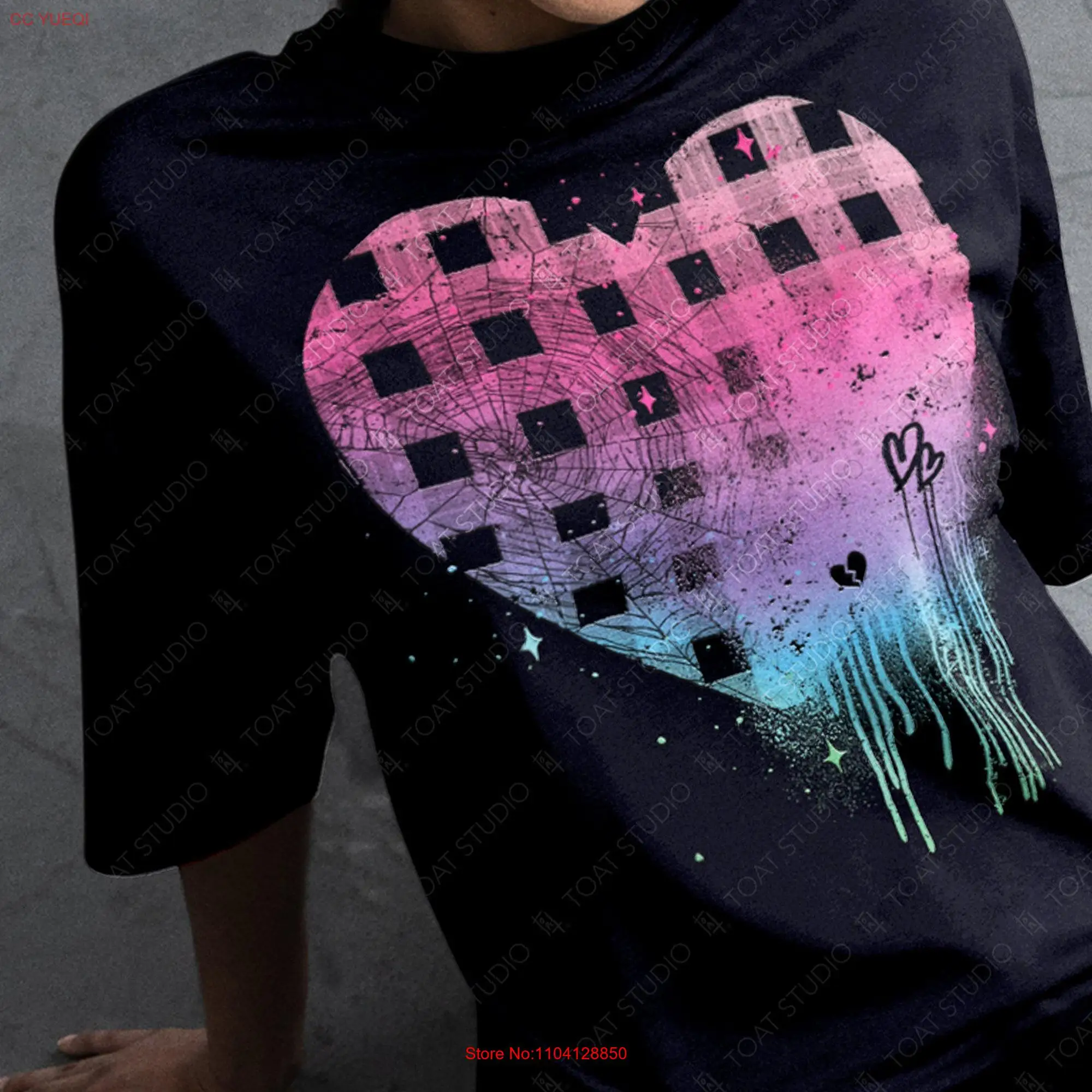 Camiseta de manga larga o corta con corazón gótico Pastel, Y2K, Grunge, a cuadros, Pastelgore, goteo, Yami, Kawaii, Spiderweb, Rainbow Love