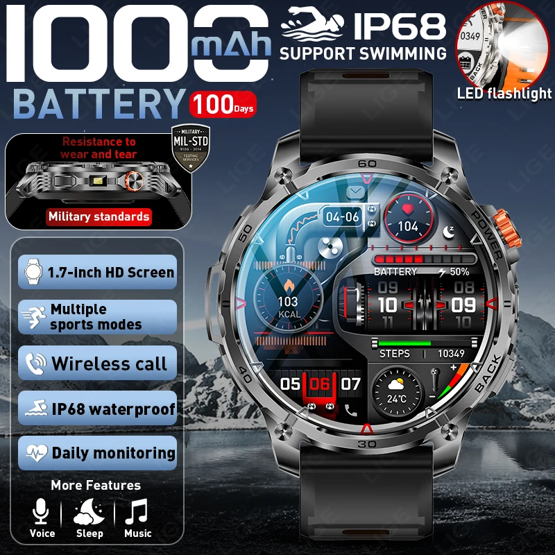 

2026 New 1000mAh Ultra Durable Smart Watch Men Outdoor Military IP68 Waterproof HD Bluetooth Call Sports 1.75inch Smartwatch SOS