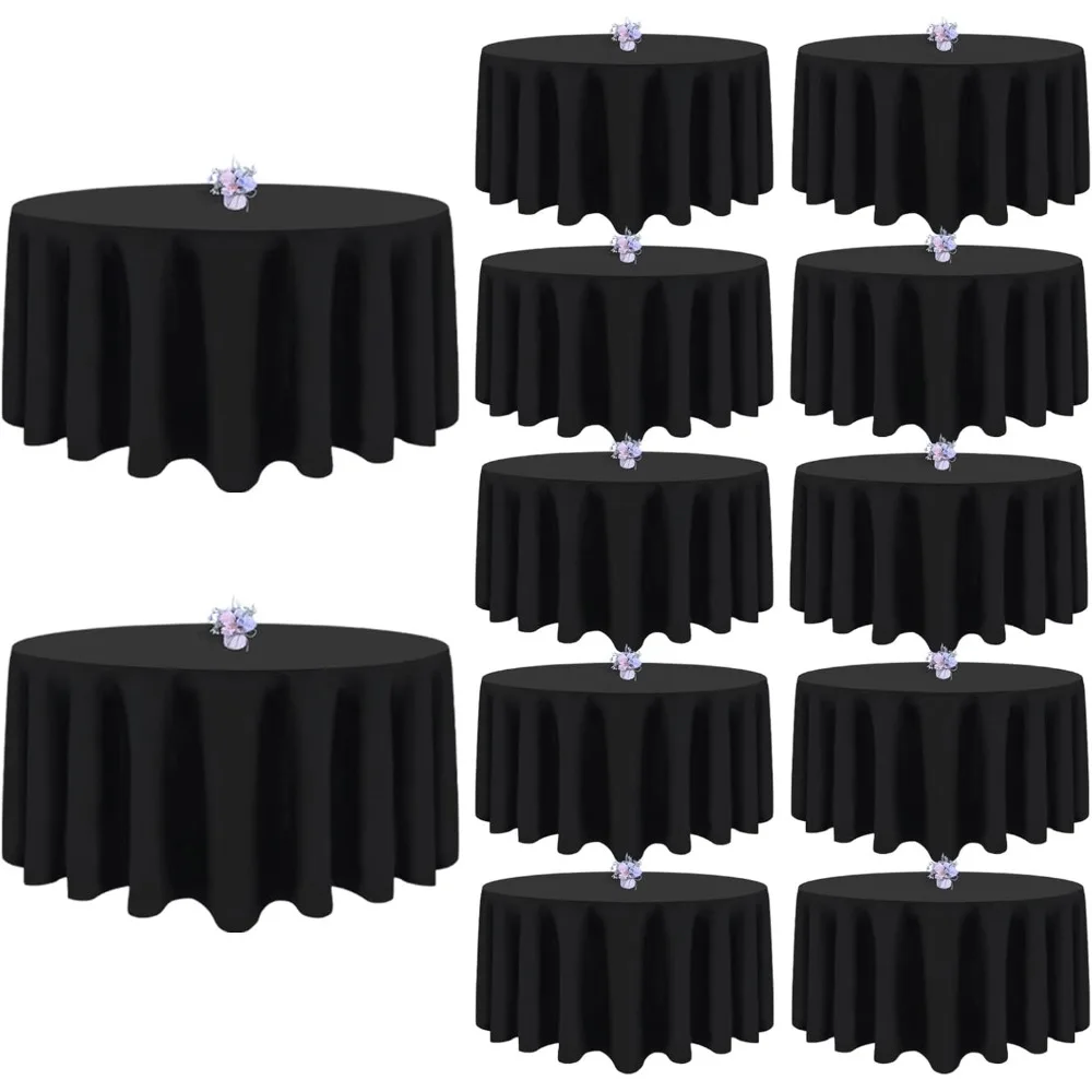

120 Inch Round Polyester Tablecloths, Black, Wrinkle Resistant and Washable for 12 Pack