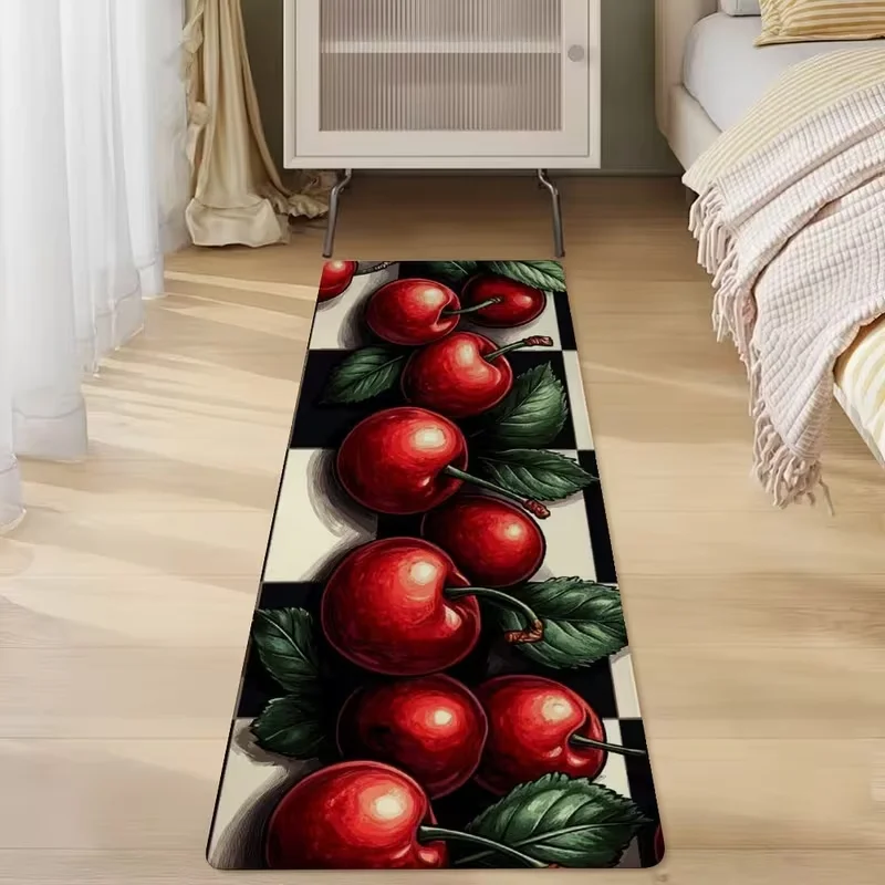 Checkered Cherry Fruit Long Rug Berry Print Non-Slip Runner Mat Kitchen Bedroom Decorative Floor Carpet