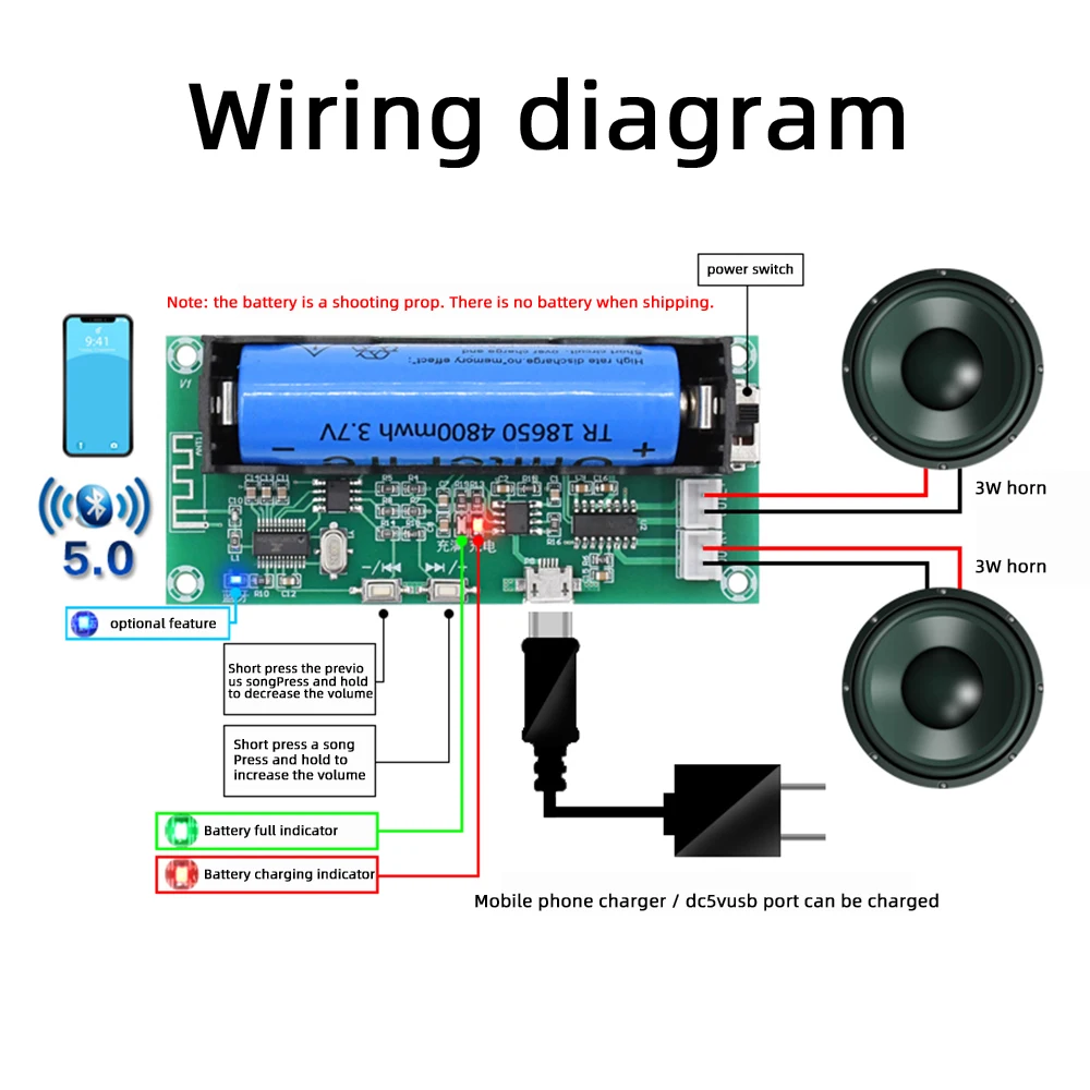 XH-A153 kompatybilna z Bluetooth płyta wzmacniacza Audio DC 5V 3W * 2 2.0 kanał typu C Micro USB z 18650 obudowa baterii do głośników