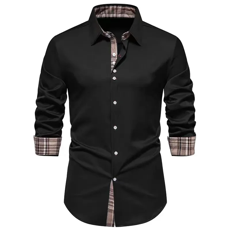 Men\'s shirt T-shirt stitching plaid casual slim party party men\'s long-sleeved button-down lapel shirt slim fashion elegant