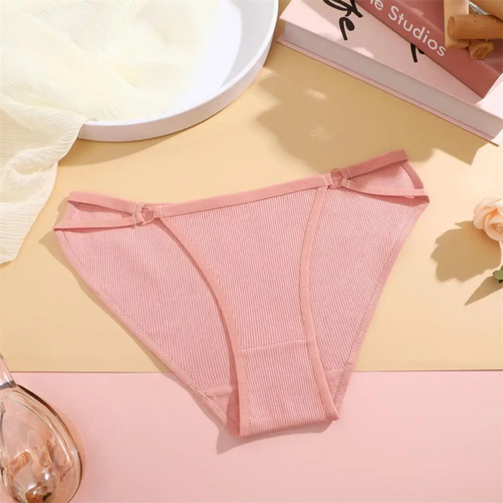 2026 Women Strap Briefs Hollow Out Thread Solid Color Low Waist Small Hoop Decor Bikini Panties Cotton Underpants Underwear 95