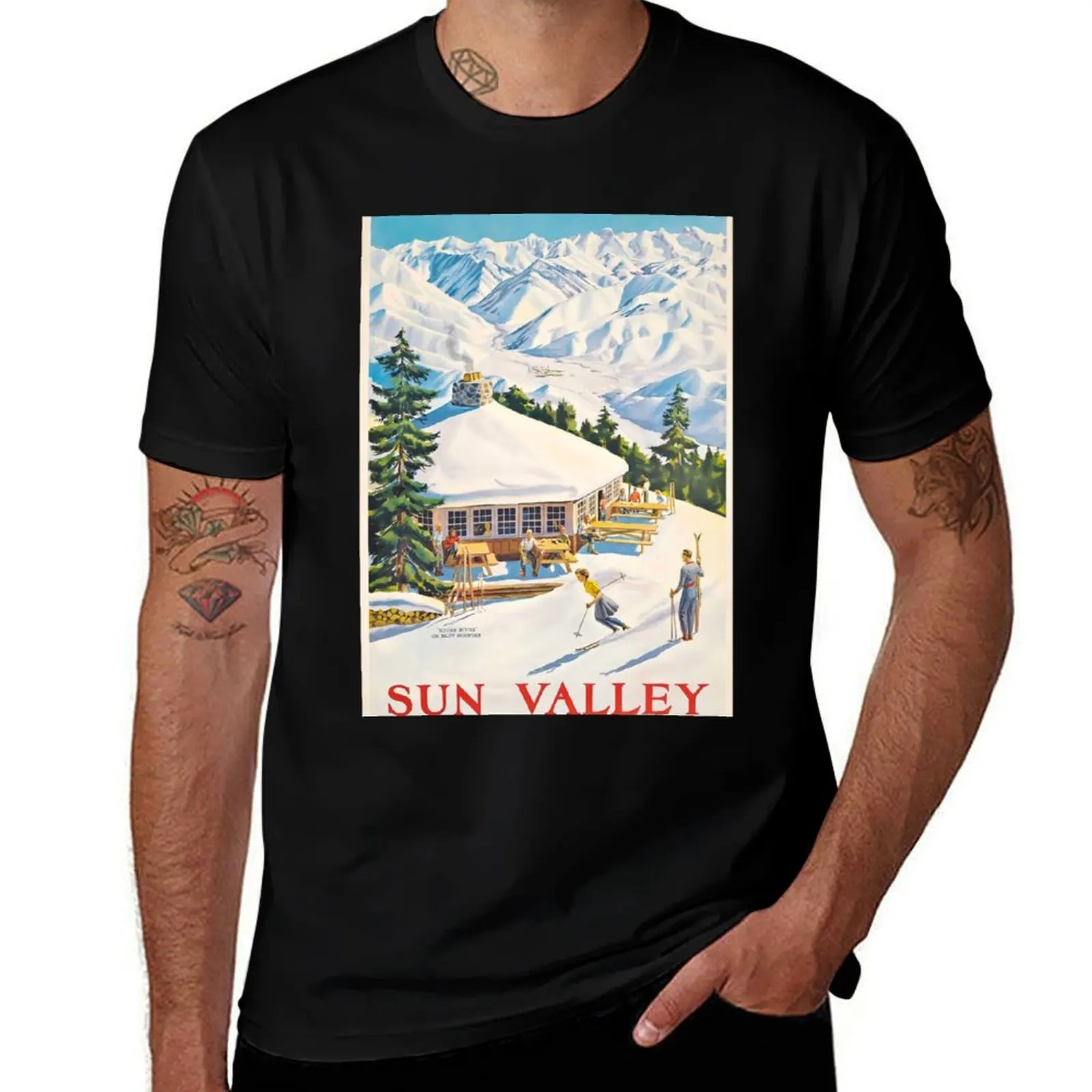 

Vintage 1940 Ski Poster - Sun Valley Idaho, Bald Mountain T-Shirt anime figures oversized slim fit t shirts for men