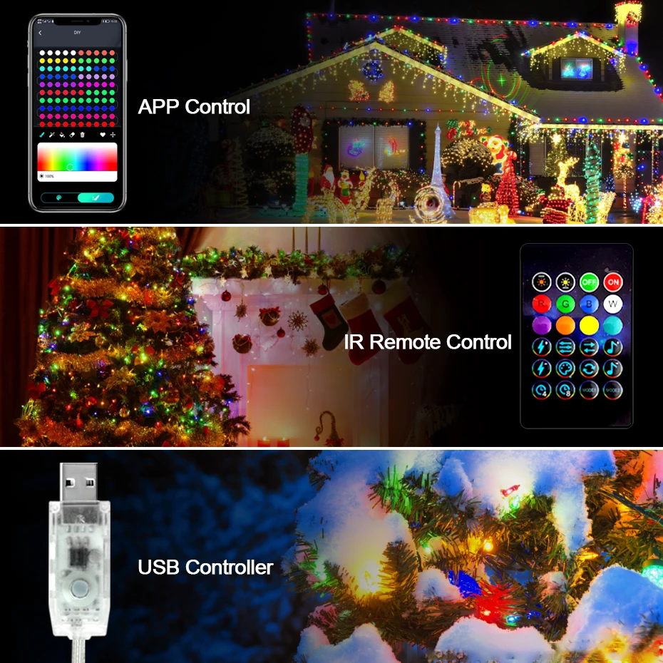 1M-50M Christmas Lights Led String Fairy Light 5V RGBIC Bluetooth Smart Led Strip Lamp for Wedding Party Holiday Decor