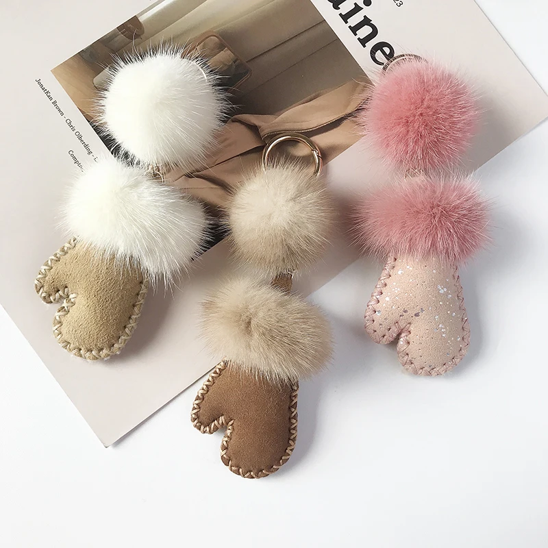 Luxury Fluffy Genuine Mink Fur Real Leather Mitten Keychain For Women Car Key Chain Bag Backpack Charm Accessories Pendant