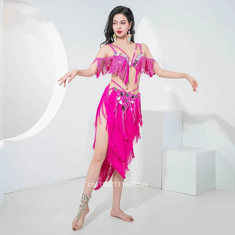 

New Belly Dance Performance Dress with Mirror, Tassel, Dynamic Oriental Dance Stage Performance Dress for Women