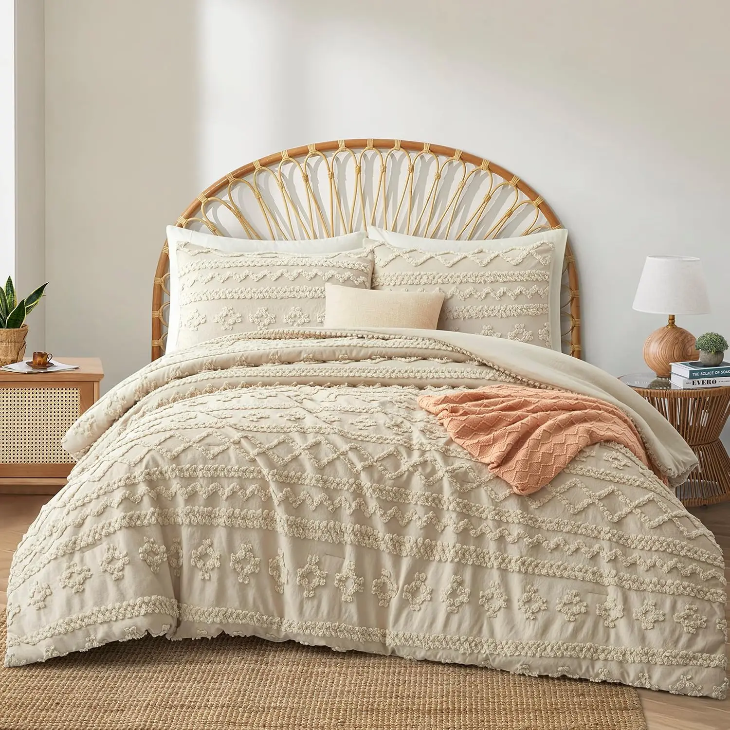 

Beige King Comforter Set with Tufted Geometry Pattern, Boho Shabby Chic Bedding Includes 2 Pillowcases