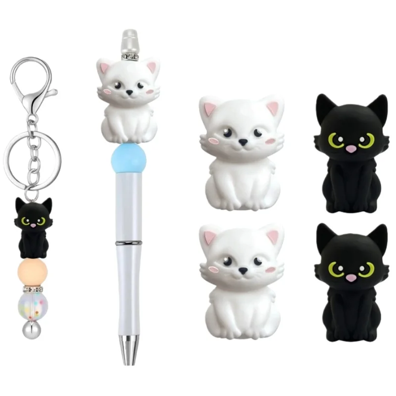 5 pçs silicone tema focal 3d gato gatinho personagem contas para fazer jóias diy criativo especial frisado canetas decorações chaveiro