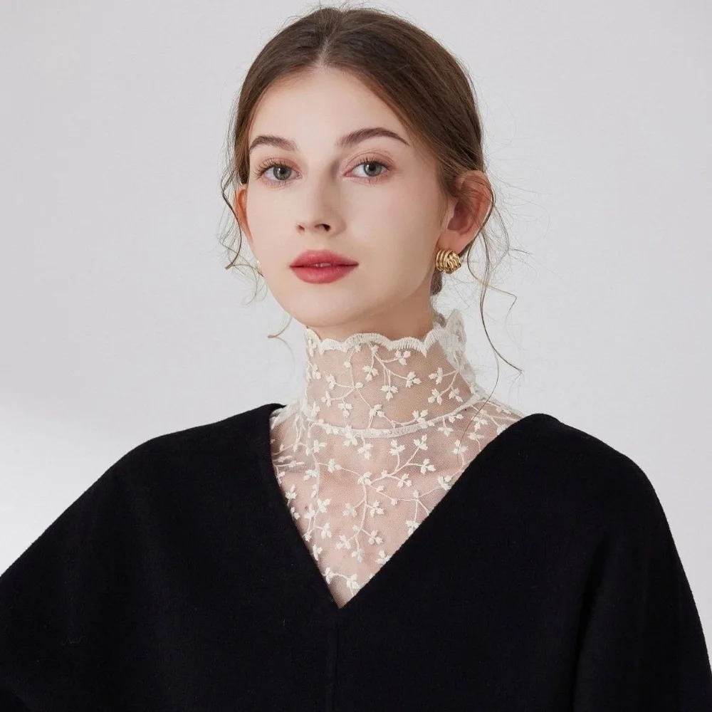 

Transparent Lace Fake False Collar Elegant Floral Embroidery Petal Statement Collar Black and Apricot Hollow