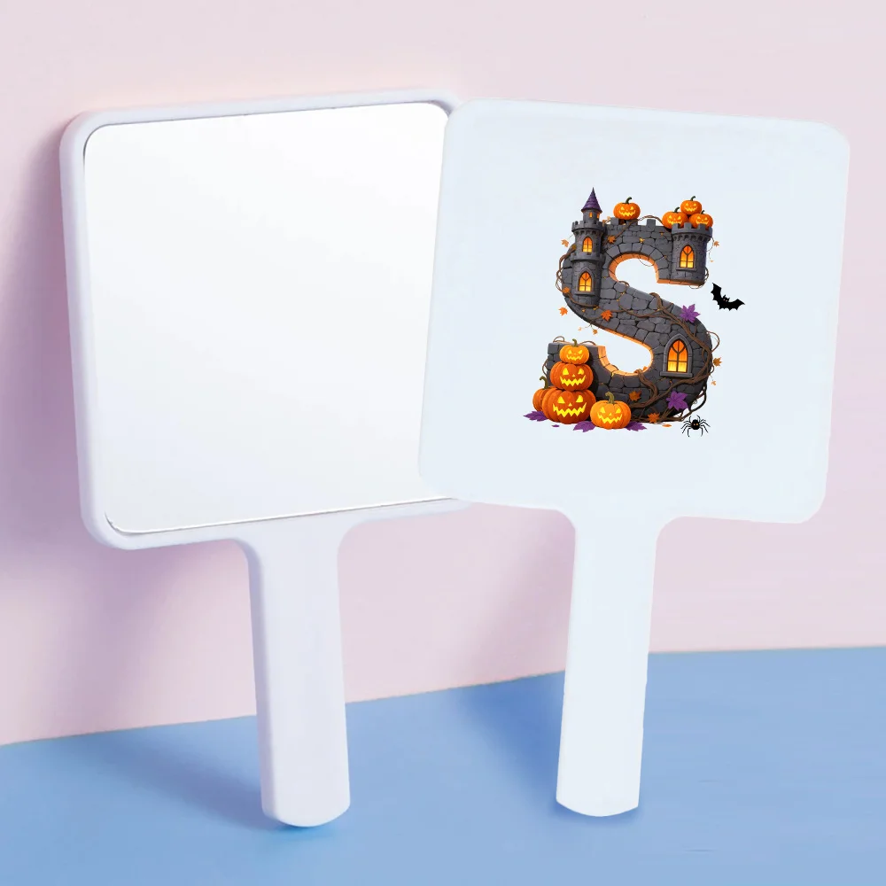 Espejo de maquillaje de mano cuadrado con estampado de dibujos animados, espejo de bolsillo portátil, herramienta de maquillaje para el cuidado Facial a la moda, patrón de letras de Halloween