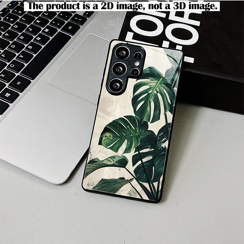 2D Printed Dark Green Monstera Pattern Glass Phone Case Shockproof Full Cover For Samsung Galaxy S & A Series