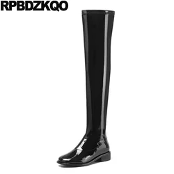 High Quality Over The Knee Slip On Tall Flat Shoes Thigh Boots For Plus Size Women European 13 45 Patent Leather Y2K Genuine New