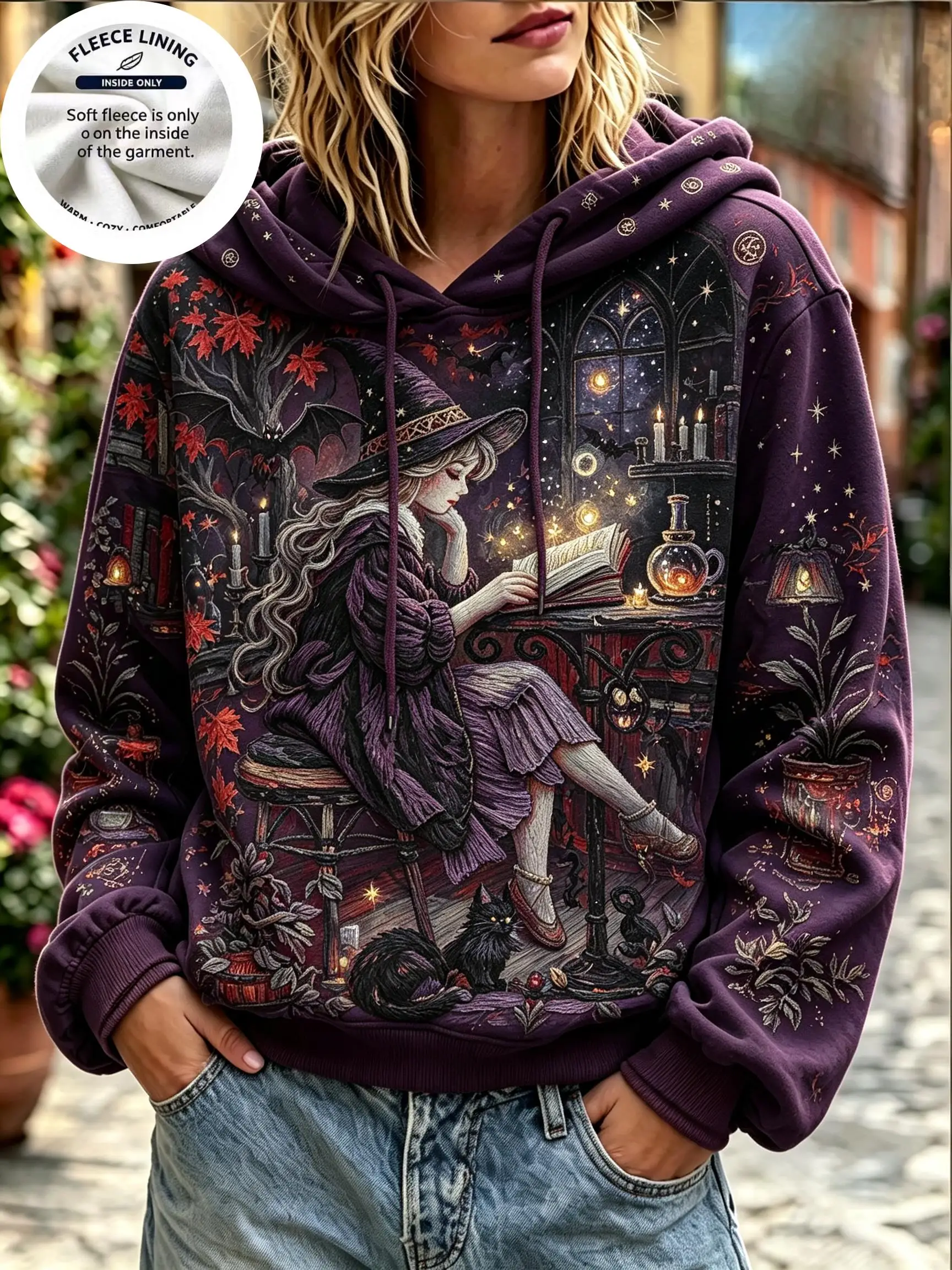 Women Fleece Hoodie, Halloween Witch Fantasy Print Long Sleeve Pullover, Dark Fairy Tale Magic Scene Casual Hooded Sweatshirt