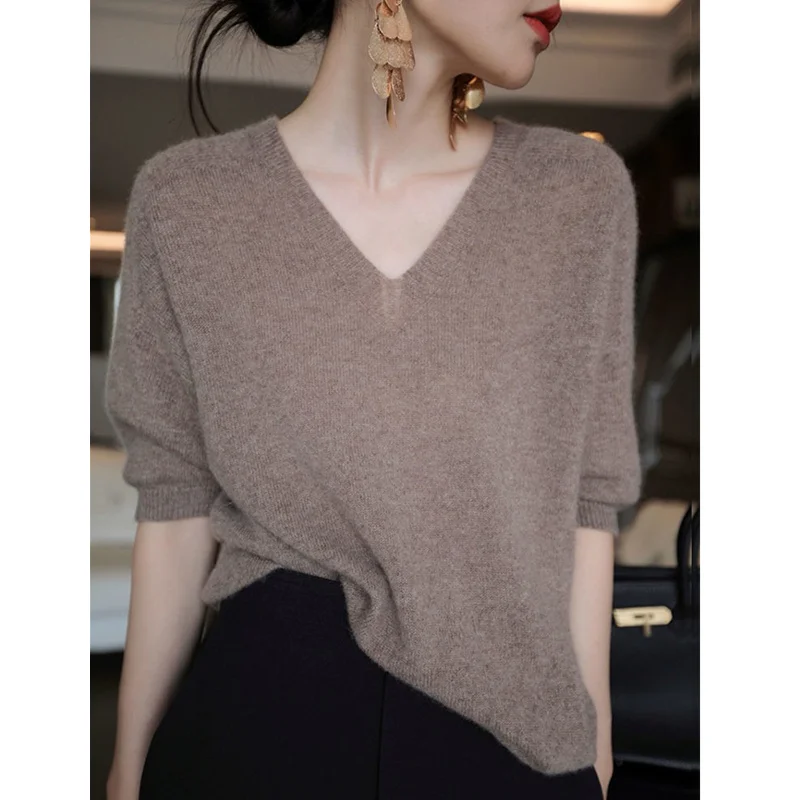 Knitted cashmere short sleeve women loose sleeves T-shirt jacket spring and autumn V-neck head slimming wool half sleeve