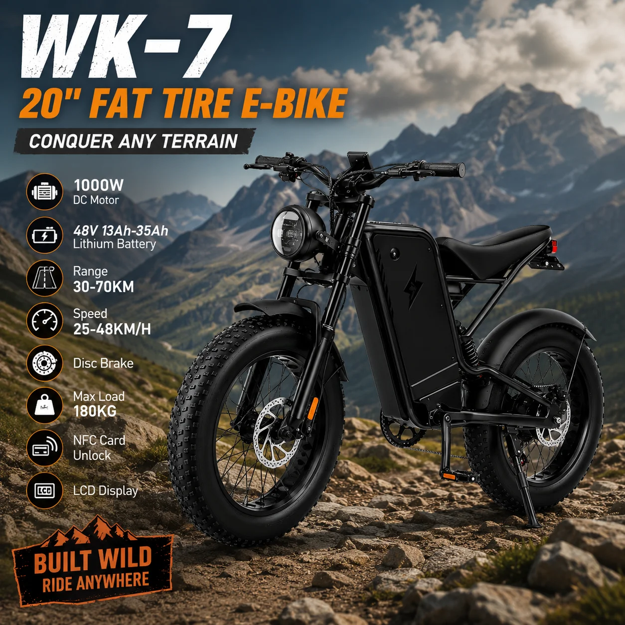 20 Inch Moped Style Electric Bicycle for Adults 1000W Motor 48V 13Ah-35Ah Battery 25-48KM/H Off-Road Fat Tire E-Bike with LCD