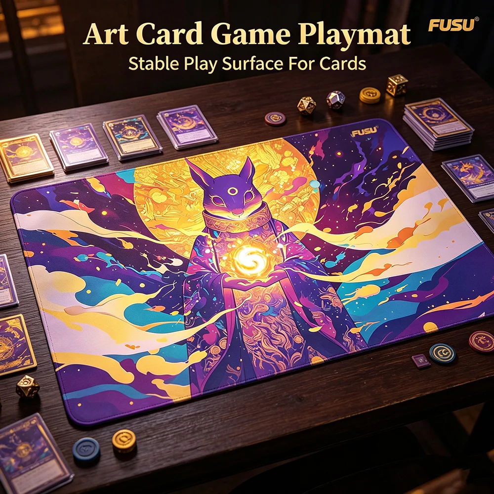 Mystic Cosmic Moon Rabbit Mage Playmat Colorful Nebula Golden Ornate Robe Fantasy Neoprene Table Pad for TCG DND Tabletop Game