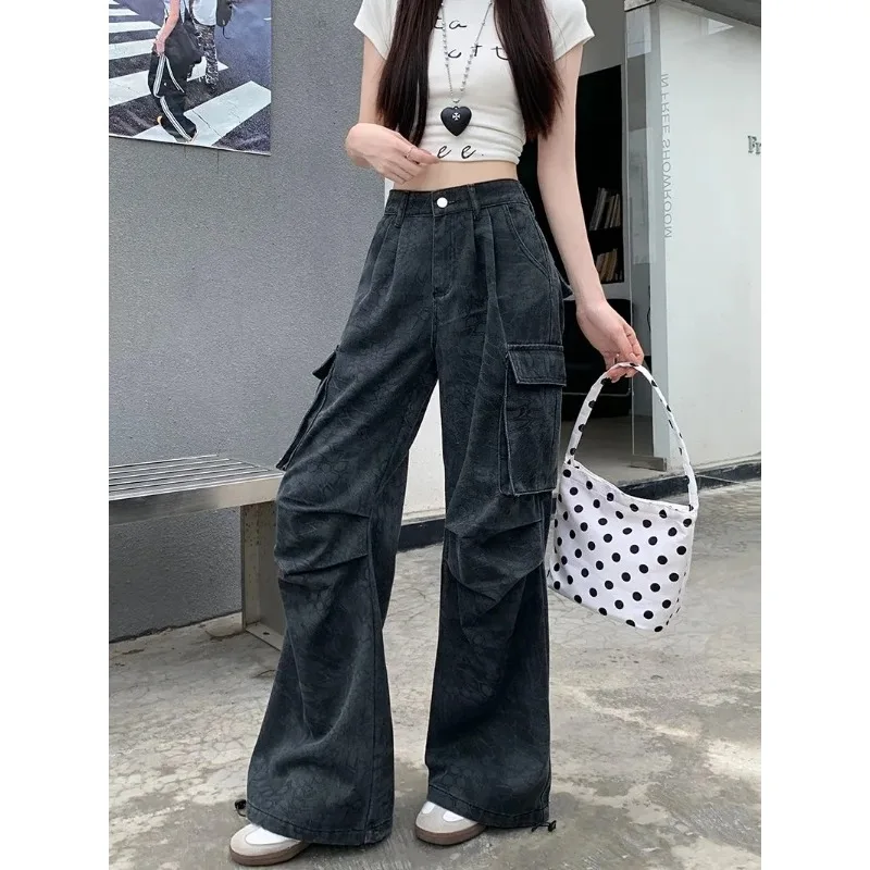 여성용 카고 루즈핏 멀티 포켓 가을 겨울 스트리트웨어 아메리칸 레트로 페이디드 카모플라주 프린트 와이드 레그 팬츠