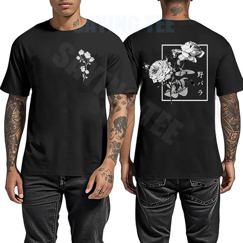 Japanese Graphic Tees for Men Harajuku Rose Flower Floral Shirts Cool Vintage Streetwear Aesthetic Clothes Personality T Shirts