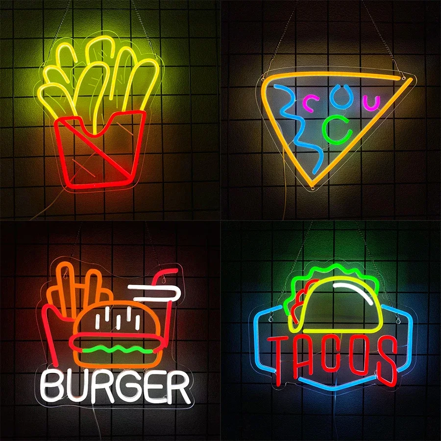 Letrero de neón de la serie Fast Food, icono Led de hamburguesa de perritos calientes alimentado por USB, utilizado para restaurante, restaurante de comida rápida, decoración de negocios de tienda