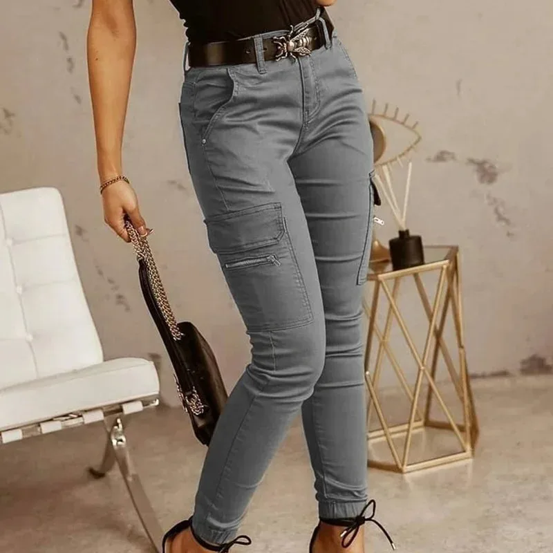 Moda nowe spodnie ołówkowe Slim Fit damskie Streetwear jednolite spodnie typu casual damskie biegacze kieszenie Cargo spodnie damskie Pantalon 26211